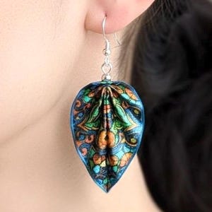 Blue Origami Leaf Earrings, Lightweight Paper Jewelry, Hypoallergenic Hooks