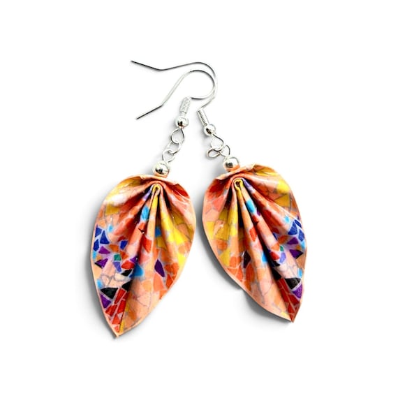 Handmade Earrings Mosaic Origami Coral– Lightweight Paper Leaf Earrings, Minimalist Boho Jewelry, Gift for Her, Mothers Day Present