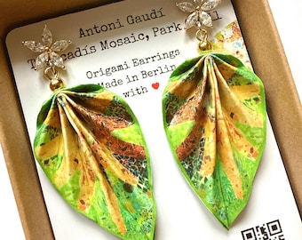 Emerald Green Leaf Earrings - 18K Gold Plated Paper Jewelry