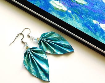 Blue Origami Leaf Earrings Lightweight Paper Jewelry Gift for Women