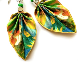 Gauguin Green Origami Earrings Leaf, Paper Art 1 Year Anniversary, Art Jewelry