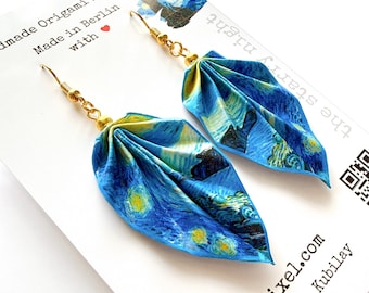 Van Gogh Origami Leaf Earrings Blue – Starry Night Paper Art Jewelry – Handmade Artistic Gift