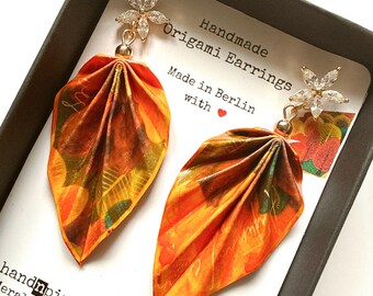 Origami Leaf Earrings : Handmade Paper Jewelry, Lightweight Paper Gift, 18 Carat Gold-Plated Zircon
