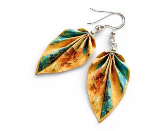 Handmade Origami Earrings Leaf Orange and Blue – Lightweight Paper Jewelry Art