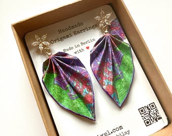 Origami Leaf Earrings : Handmade Paper Jewelry, Lightweight Paper Gift, 18 Carat Gold-Plated Zircon