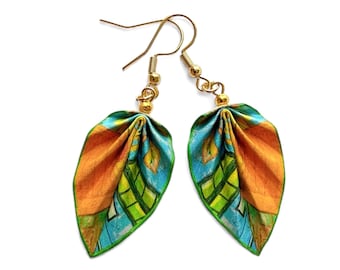 Van Gogh Origami Leaf Earrings – Orange Blue Green Lightweight Mothers Day Gift