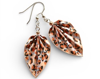 Pink Leopard Origami Earrings  316 Stainless Steel - Water-Resistant Paper Jewelry by HandnPixel