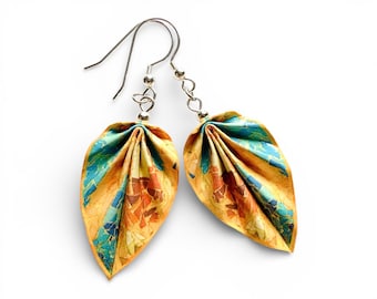 Gaudí Inspired Mosaic Origami Leaf Earrings – Handmade Lightweight Paper Jewelry