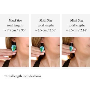 May include: Three leaf-shaped earrings in green and blue gradients, displayed in Maxi, Midi, and Mini sizes. The Maxi size is 2.95 inches, the Midi size is 2.55 inches, and the Mini size is 2.16 inches in total length, including the metal hook.