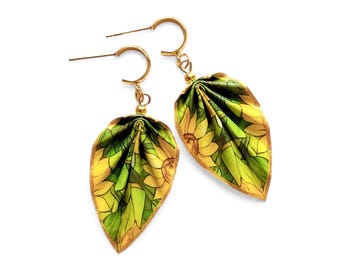 Origami Leaf Earrings : Handmade Paper Jewelry, Lightweight Paper Gift