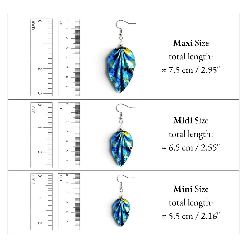 May include: Three leaf-shaped earrings with blue, yellow, and black patterns. The Maxi size is 2.95 inches, Midi is 2.55 inches, and Mini is 2.16 inches long. Each earring features a silver-toned hook and a folded, petal-like design.