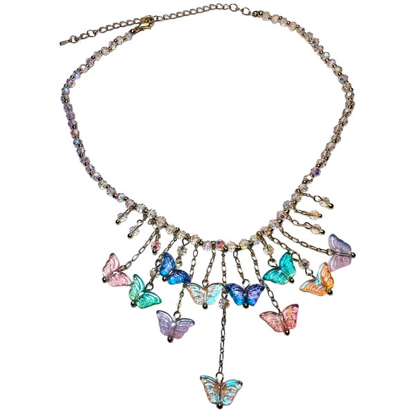 Bejeweled Multifaceted Iridescent Crystal Butterfly Colourful Beaded Drop Necklace