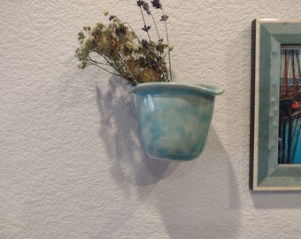Hand Thrown Ceramic Wall Pocket Vase, Light Blue Pottery Wall Planter, Hanging Flower Holder