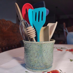 Ceramic utensil holder, pottery utensil jar - Handmade wheel thrown pottery / utensil crock / spoon jar / kitchen utensil holder / Speckled