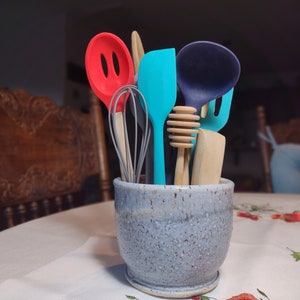 Ceramic utensil holder, pottery utensil jar - Handmade wheel thrown pottery / utensil crock / spoon jar / kitchen utensil holder / Speckled