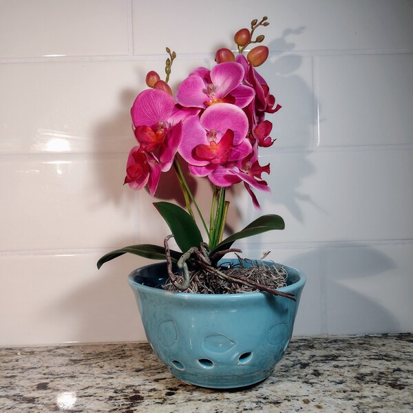 Hand Thrown Ceramic Orchid Pot with Holes, Pottery Orchid Planter with Holes - Turquoise - Vines