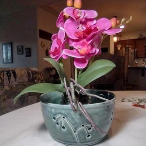 May include: A ceramic planter with a green glaze and a decorative design of branches and berries. A pink orchid plant is displayed in the planter.