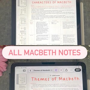 May include: Two digital tablets displaying study notes on Macbeth. The top screen shows a table titled CHARACTERS OF MACBETH with 4,892 words. The bottom screen shows a table titled Themes of Macbeth with 3,809 words. A pink banner reads ALL MACBETH NOTES.