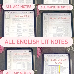 Peut inclure: Une collection numérique de notes d'étude de littérature anglaise affichée sur des écrans de tablettes. Les documents incluent des titres tels que Characters of ACC, Characters of Macbeth, ACC Themes, Themes of Macbeth, AIC Characters, AIC Themes et GCSE Eng Lit Poems.