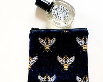 Bumble bee makeup bag / handmade makeup bag / velvet makeup bag / bee print blue velvet makeup bag