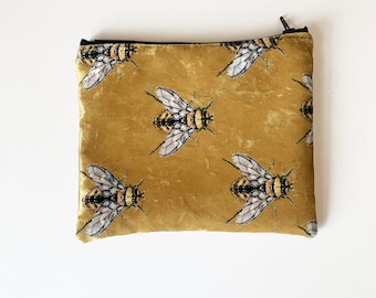 Bumble bee makeup bag / handmade makeup bag / velvet makeup bag / bee print gold yellow velvet makeup bag