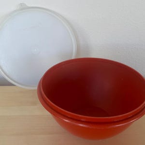 May include: A red plastic bowl with a white lid. The bowl is round with a slightly flared rim. The lid is also round and has a small tab for easy opening. The bowl and lid are made of a durable plastic material.