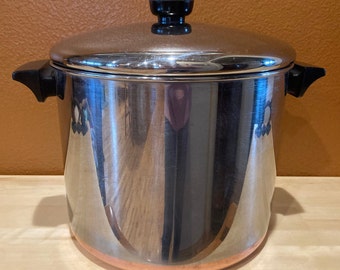 Vintage 8 Quart Revere Ware Stainless Steel Copper Bottom Stock Pot #1801 with Matching Lid