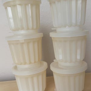 May include: Six vintage, off-white plastic jelly molds with matching lids. The molds have a fluted design and are stacked in pairs. The lids are round and fit snugly on top. These molds are perfect for making gelatin desserts.