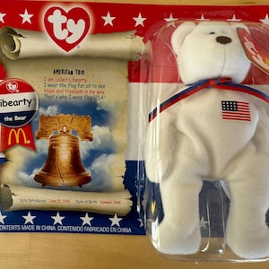 Set of 3 Vintage 2000 Unopened McDonald&#39;s Teenie Beanie Babies American Trio Lefty, Righty, and Libearty in Original Packaging