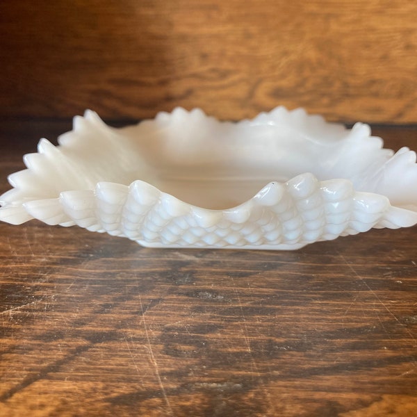 Vintage Milk Glass Small Bowl or Ash Tray With Hobnail design and Scalloped Edge