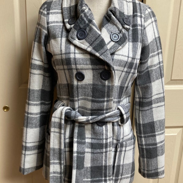 Gray plaid wool blend button front pea coat by JouJou in size small