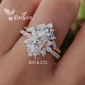 1 CT Marquise Lab Grown Diamond Engagement Ring Set, 14K Solid Yellow Gold Ring Set, Starburst Ring Set, Wedding Ring Set, Bridal Ring Set
