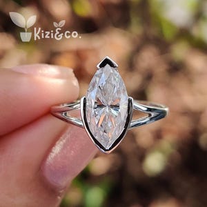 Marquise Cut Lab Grown Engagement Ring, 14K Solid Gold Ring, Solitaire Ring, Half Bezel Ring, Split Shank Ring, Proposal Ring, Gift For Her