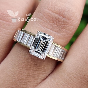 2 CT Emerald Cut Lab Grown Diamond Engagement Ring, 14K Solid Yellow Gold Ring, Channel Pave Ring, IGI Certified Diamond Ring, Gift For Her