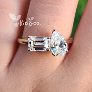 Toi Et Moi Ring, 2 TCW Emerald And Pear Cut Lab Grown Diamond Ring, 14K Solid Gold Ring, Two Stone Ring, IGI Certified Diamond Ring For Her