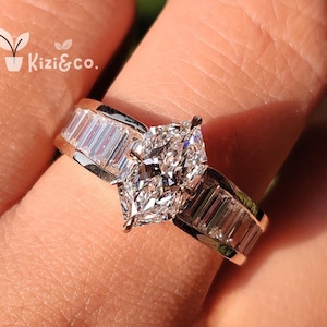 1.7 CT Dutch Marquise Cut Lab Grown Diamond Engagement Ring, 14K Solid Yellow Gold Ring, Baguette Channel Set Band, Comfort Fit Ring For Her