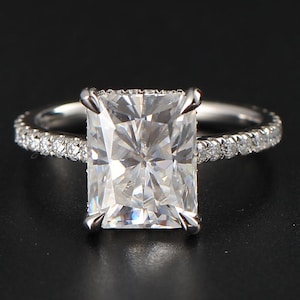 3 CT Radiant Cut Lab Grown Diamond Engagement Ring, 14K Solid Gold Ring, Hidden Halo Ring, Pave Setting Ring, IGI Certified Diamond Ring