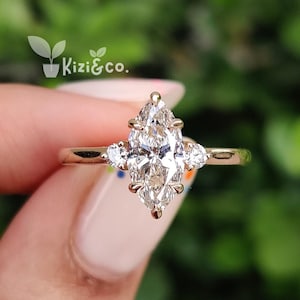 1.5 CT Marquise Cut Lab Grown Diamond Engagement Ring, 14K Solid Gold Ring, Three Stone Ring, CVD Diamond Ring, Anniversary Gift For Her