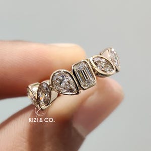 Multi Shape Lab Created Diamond Wedding Band, 14K Solid Gold Band, Full Eternity Band, Bezel Band, Anniversary Gift, Women's Wedding Band