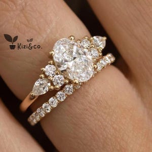 1 CT Oval Cut Lab Grown Diamond Engagement Ring Set, 14K Solid Yellow Gold Ring Set, Cluster Ring Set, Bridal Ring Set, Wedding Ring Set