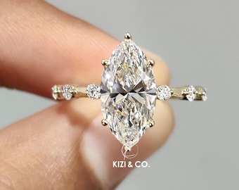 Marquise Cut Lab Grown Diamond Engagement Ring, 14K Solid Gold Ring, Distance Pave Ring, Proposal Ring, Wedding Ring, IGI Certified Diamond