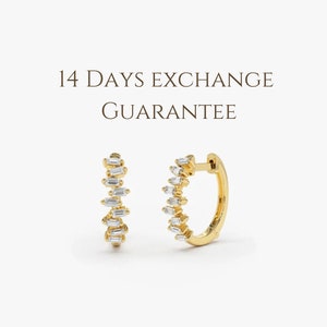 Diamond Huggie Earrings, 14k Gold Baguette Diamond Hoop Earring, Stackable Earring, Minimalist Mini Earrings, Gift for Her, Tiny Earring