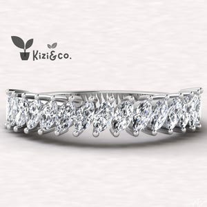 0.58 TC Marquise Cut Lab Grown Diamond Wedding Band, 14K Solid White Gold Band, Half Eternity Band, Stackable Band, Anniversary Gift For Her