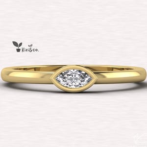 East West Marquise Cut Lab Grown Diamond Ring, 14K Solid Gold Ring, Bezel Setting Ring, Solitaire Ring, Tiny Ring, Stacking Minimalist Ring