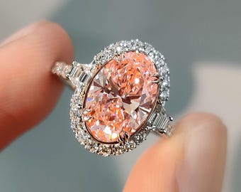 3 CT Oval Cut Pink Lab Grown Diamond Engagement Ring, 14K Solid Gold Ring, Pave Setting Ring, Halo Setting Ring, Vivid Pink Diamond Ring