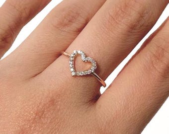 Diamond Heart Ring, 14K Gold Promise Ring, Solid Gold Rings, Women&#39;s Pave Diamond Ring, Unique Love Ring, Dainty Gold Rings, Stackable Ring