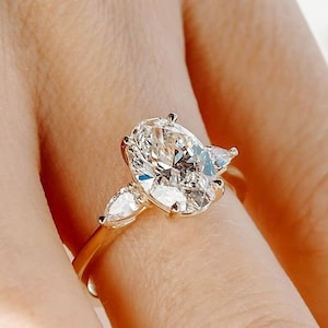 Oval Diamond Engagement Ring Oval Trilogy Diamond Anniversary Ring Side Pear Diamond Proposal Ring Real Lab Grown Diamond Engagement Ring