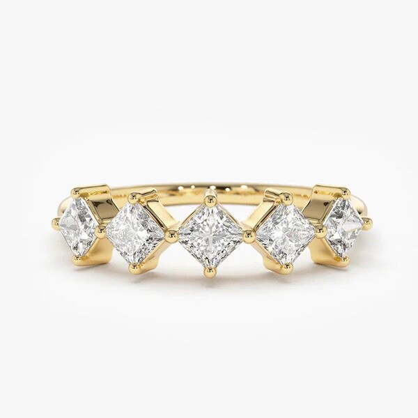 Princess Cut Diamond Wedding Band, 14k Gold 5 Stone Princess Cut Women's Wedding Ring, Lab Grown Diamond Engagement Ring, Stackable Ring