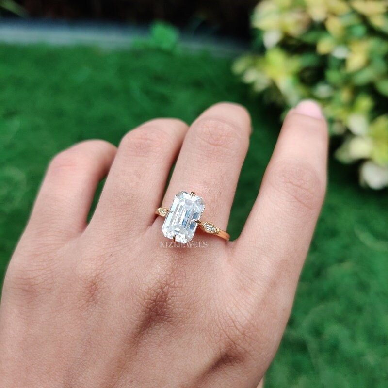 5Ct Solitare White Diamond Emerald 3 Stone Engagement Ring 14K White Gold Finish 