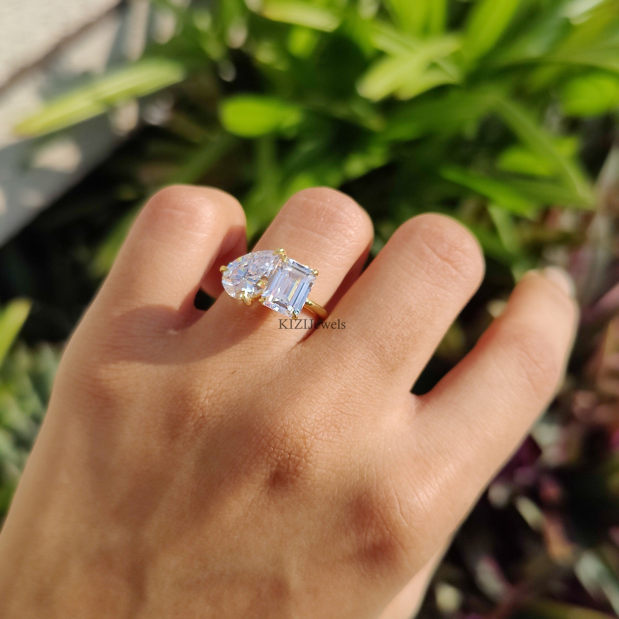 Pear And Emerald Cut Toi Et Moi Ring Colorless Moissanite Etsy